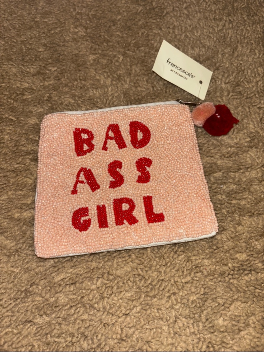 Francesca's Collections Pink Beaded 'BAD ASS GIRL' Pouch with Red Pom